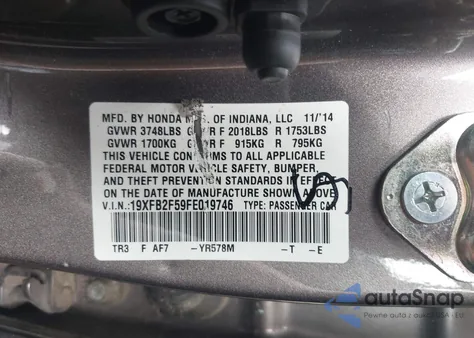 2015 Honda Civic Lx z USA, uszkodzony, nr VIN 19XFB2F59FE019746